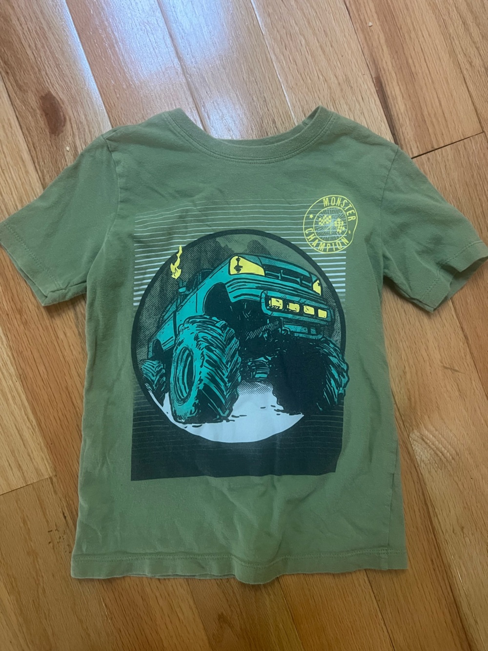 Carter's Olive Green Monster Truck Tee with Teal & Yellow Graphics